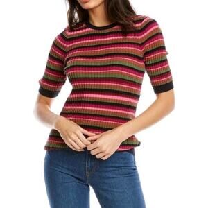 Trina Turk Multi Colored Striped Stretch Knit Short Sleeve Pullover Size Small